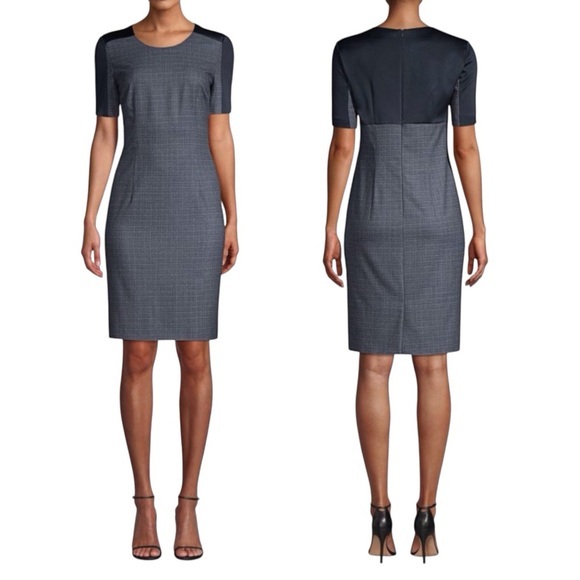 HUGO‎ BOSS Fall 23 Dirusa Stretch Wool Sheath Dress Navy Color Block Size 12 - Picture 1 of 16